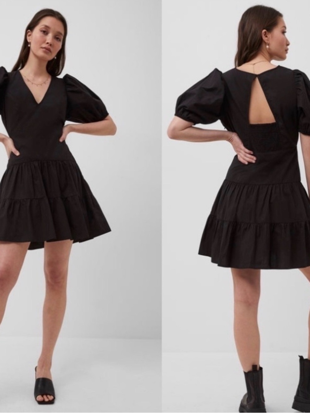 Black Puff-Sleeve Tiered Mini Dress - French Connection- Women - Sun Dress